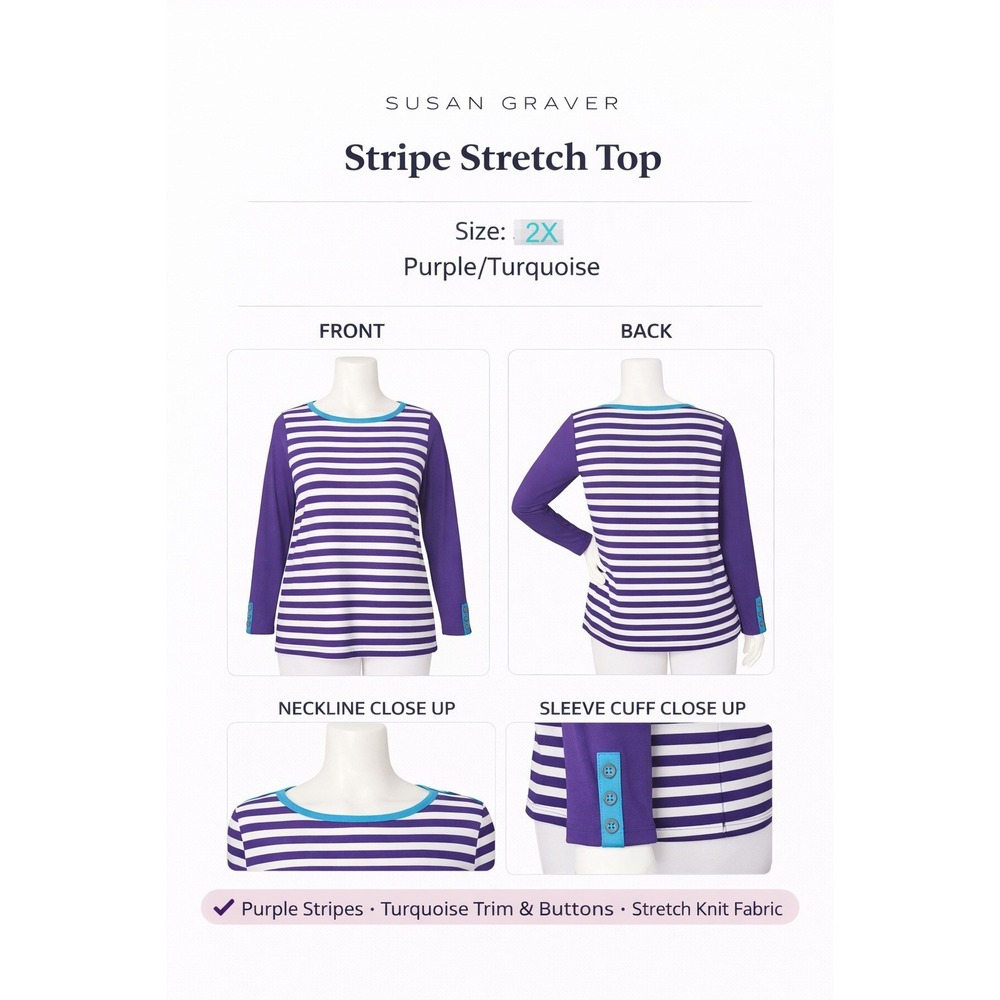 Susan Graver Purple Stripe Stretch Top Long Sleeve Bateau Neck Turquoise Trim 2X